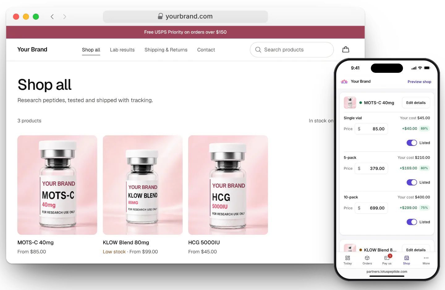 A demo partner store named Your Brand on yourbrand.com in a browser, with the partner dashboard's Products screen on a phone in front