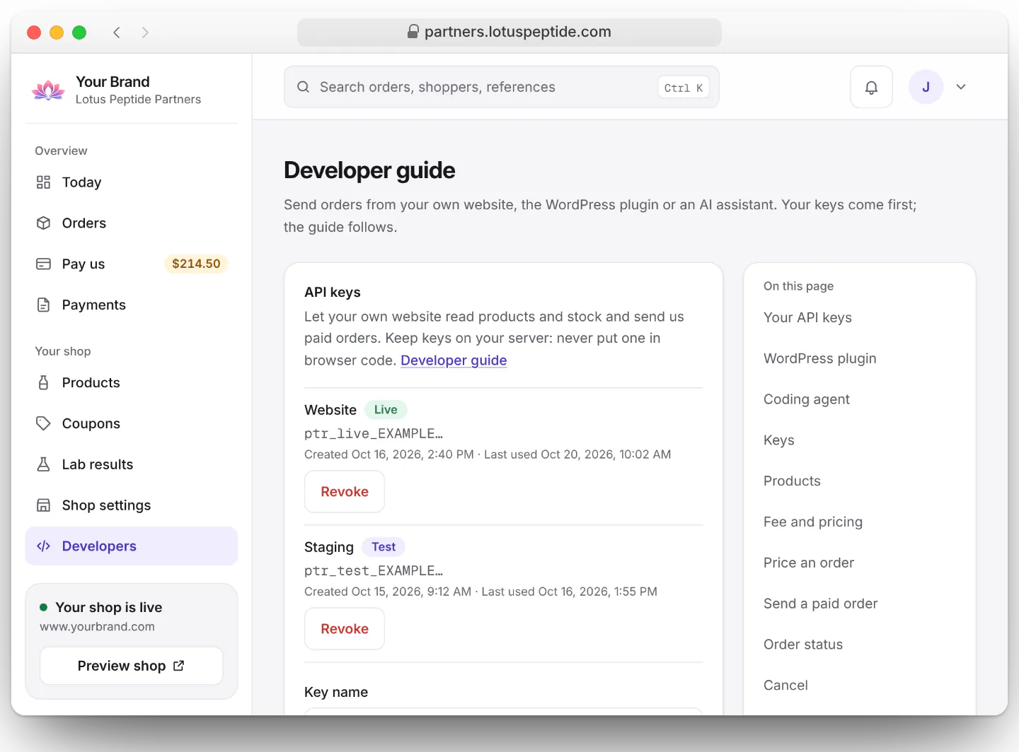 Partner dashboard Developer guide: a live and a test API key, and the contents of the guide to the order API and the WordPress plugin