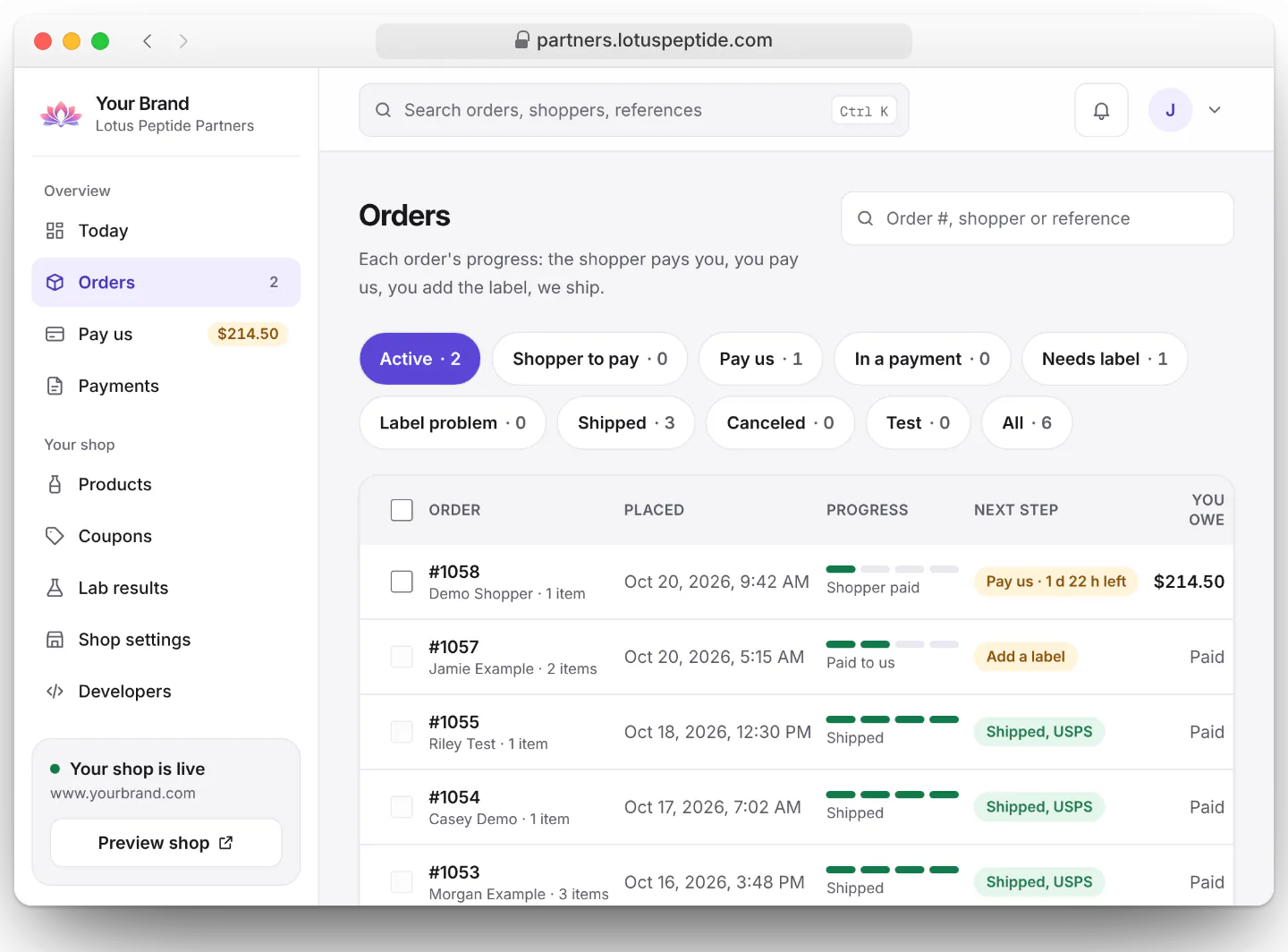 Partner dashboard Orders list on a computer: each order's progress, its next step and what you owe us for it