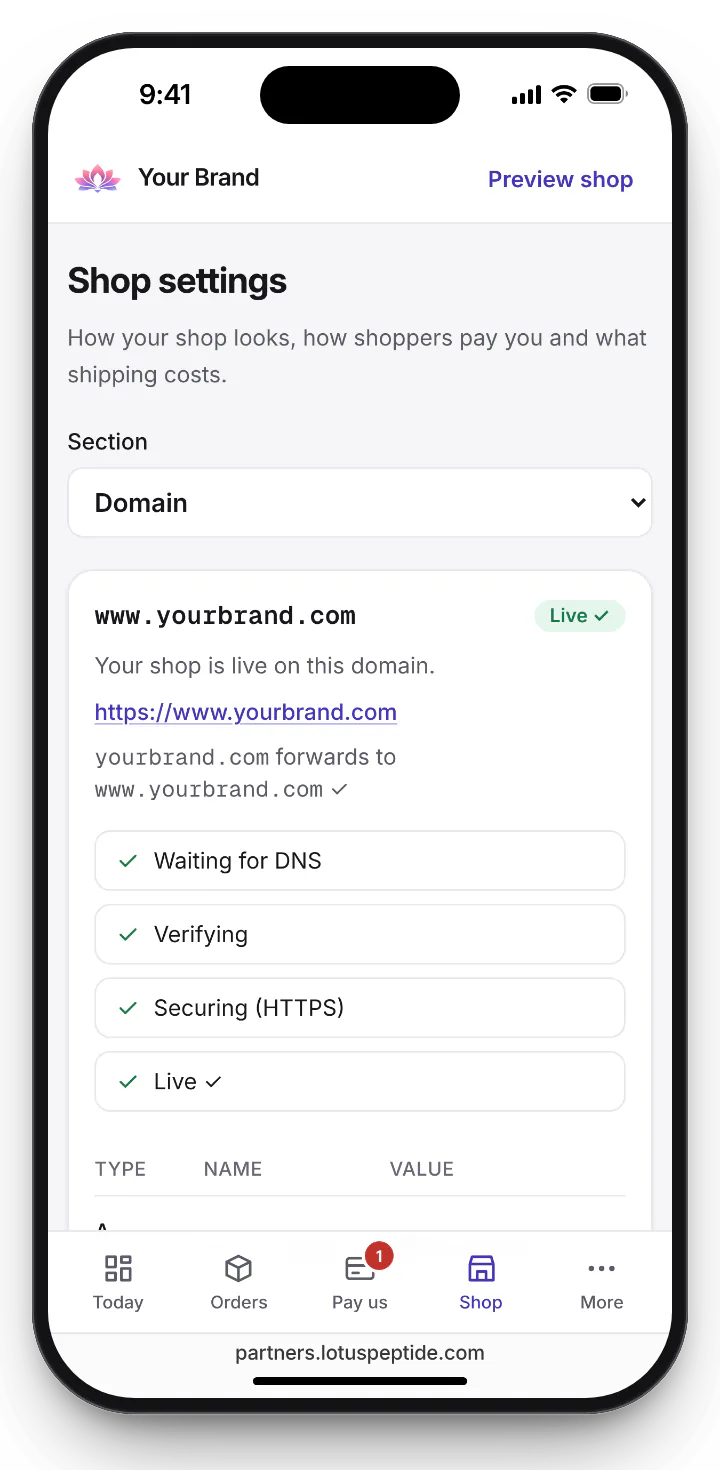 Partner dashboard Shop settings, Domain: www.yourbrand.com is live, with each setup step checked