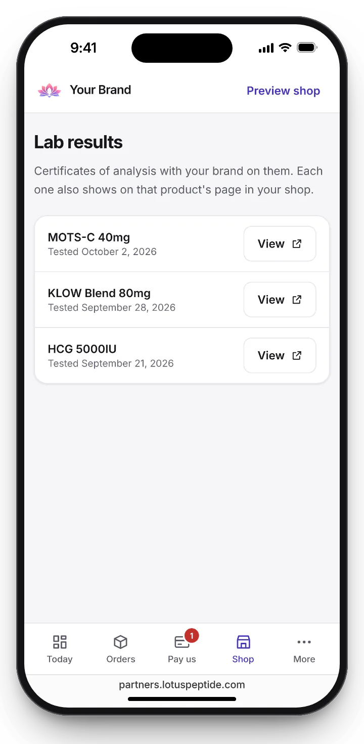 Partner dashboard lab certificates screen: a certificate of analysis for each product, with the date it was tested and a View button