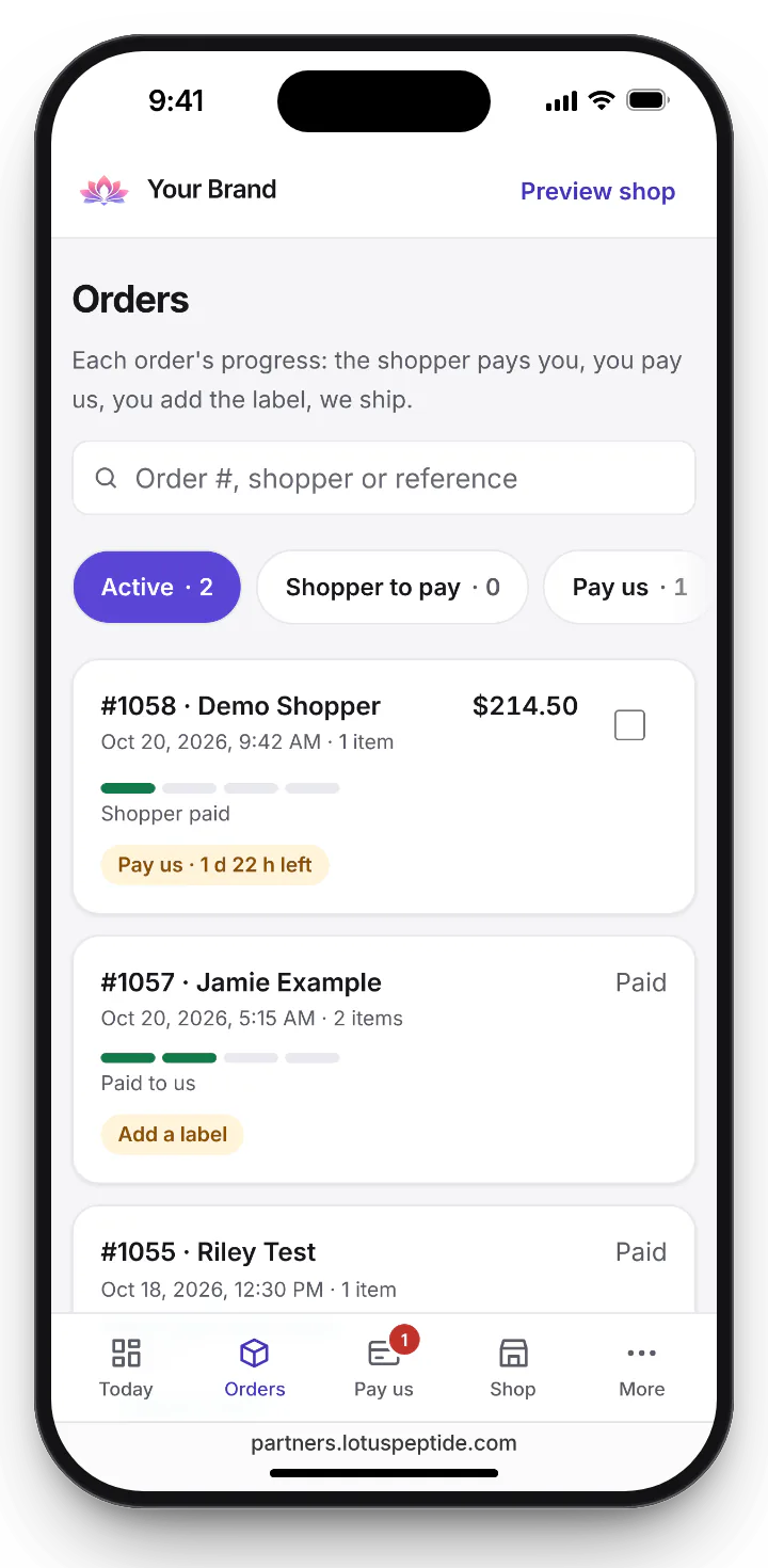 Partner dashboard Orders screen: each order with its progress from shopper paid to shipped, and its next step