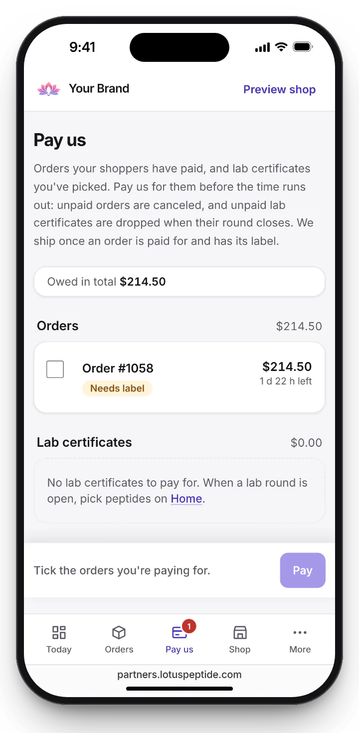 Partner dashboard Pay us screen: an order your shopper has paid, what you owe us for it and the time left to pay