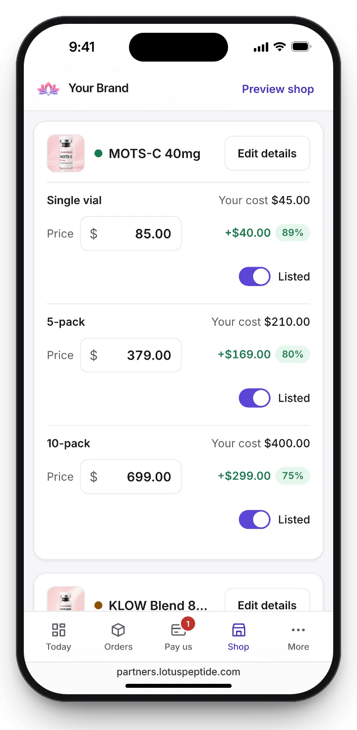 Partner dashboard Products screen: each pack of MOTS-C 40mg shows your cost, the price you set and a Listed switch