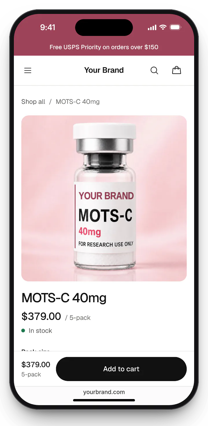 A partner store on a phone: the MOTS-C 40mg product page under the Your Brand name, with Your Brand on the vial label