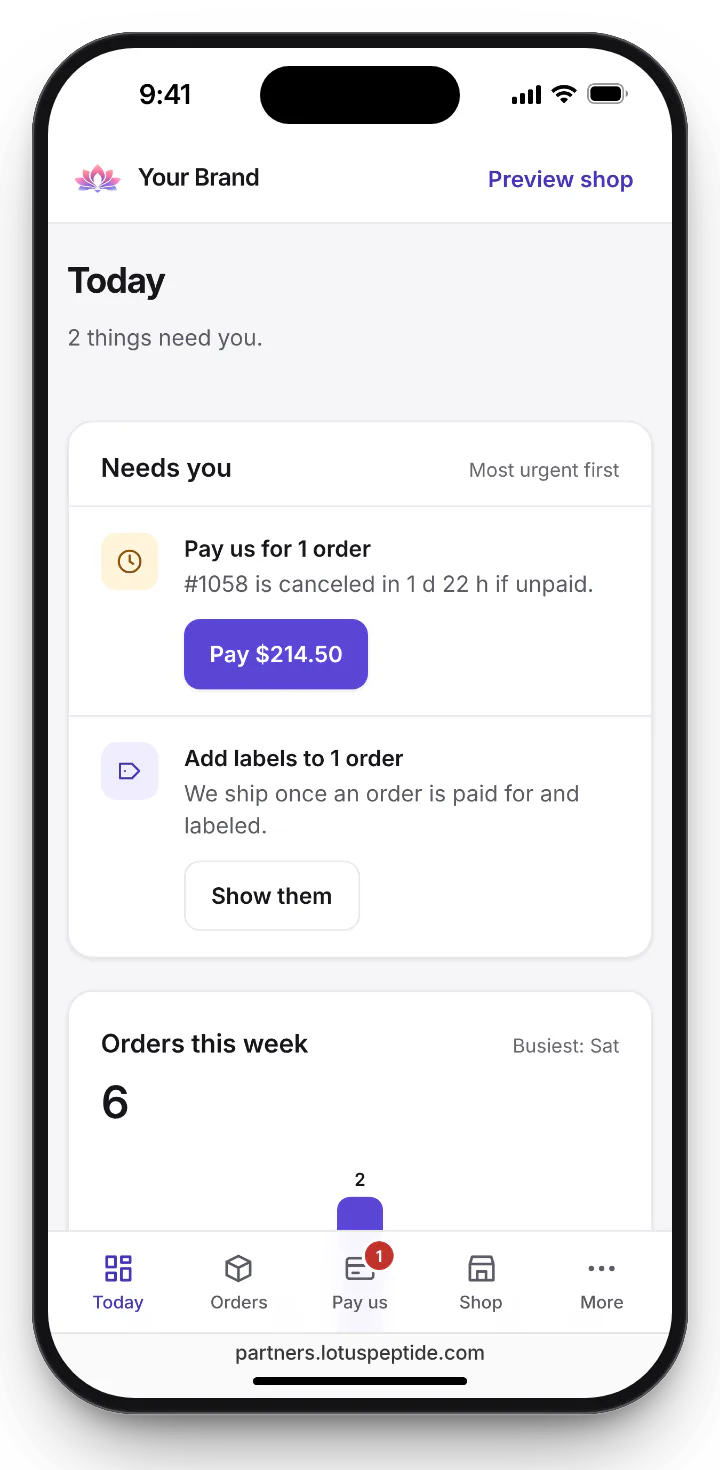 Partner dashboard Today screen on a phone: what needs you, with a button to pay us for an order and a reminder to add a shipping label