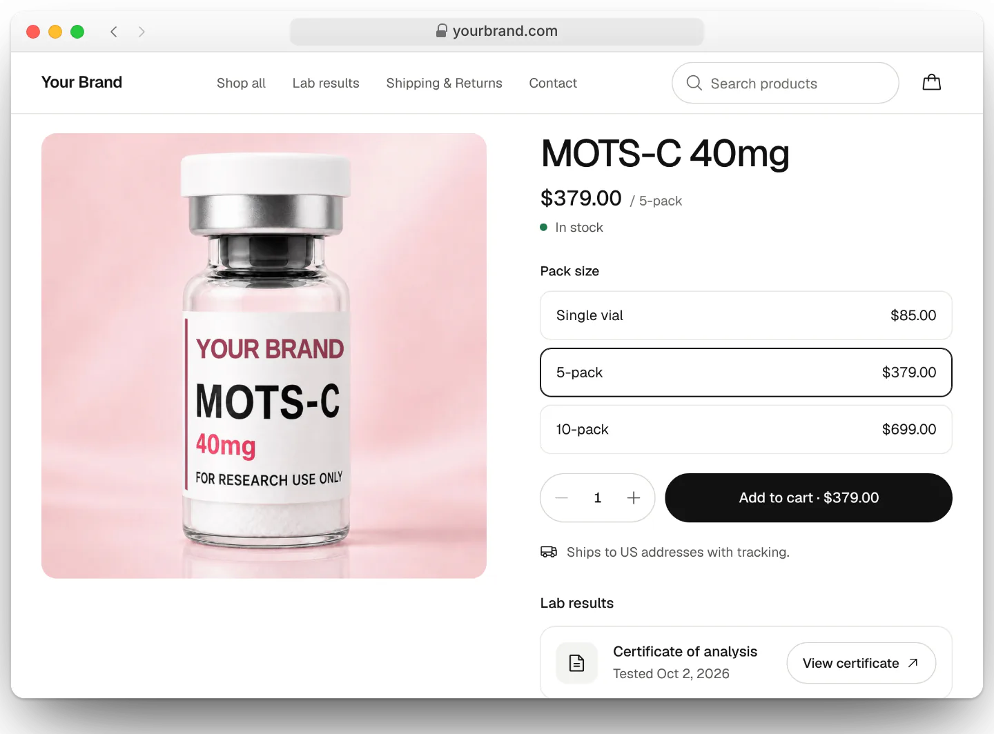 Product page on a demo partner store at yourbrand.com: pack sizes and prices, and a certificate of analysis with its test date and a View certificate button