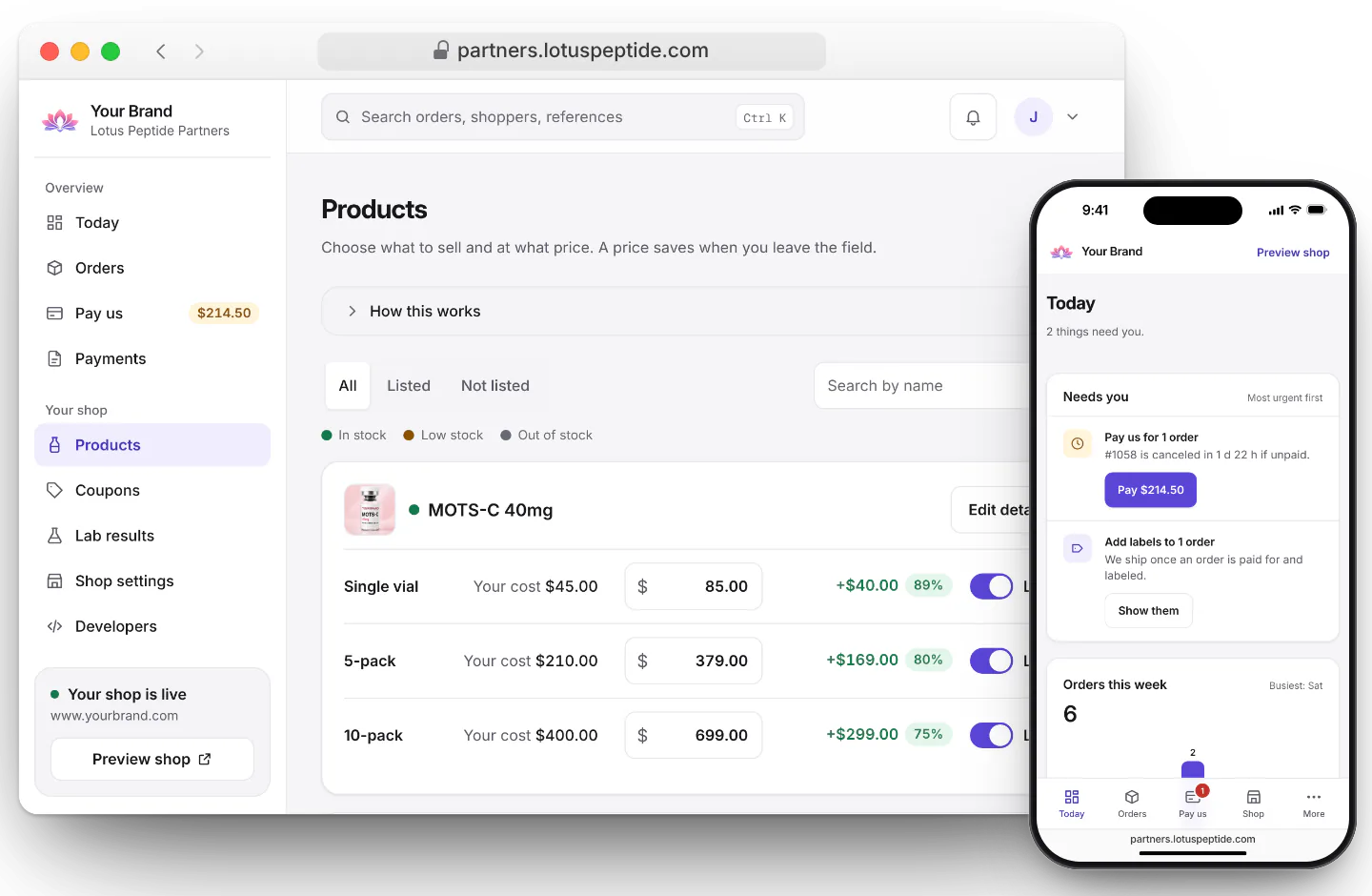 Partner dashboard in a browser showing the Products screen, where each pack shows your cost and the price you set, with the Today screen on a phone in front