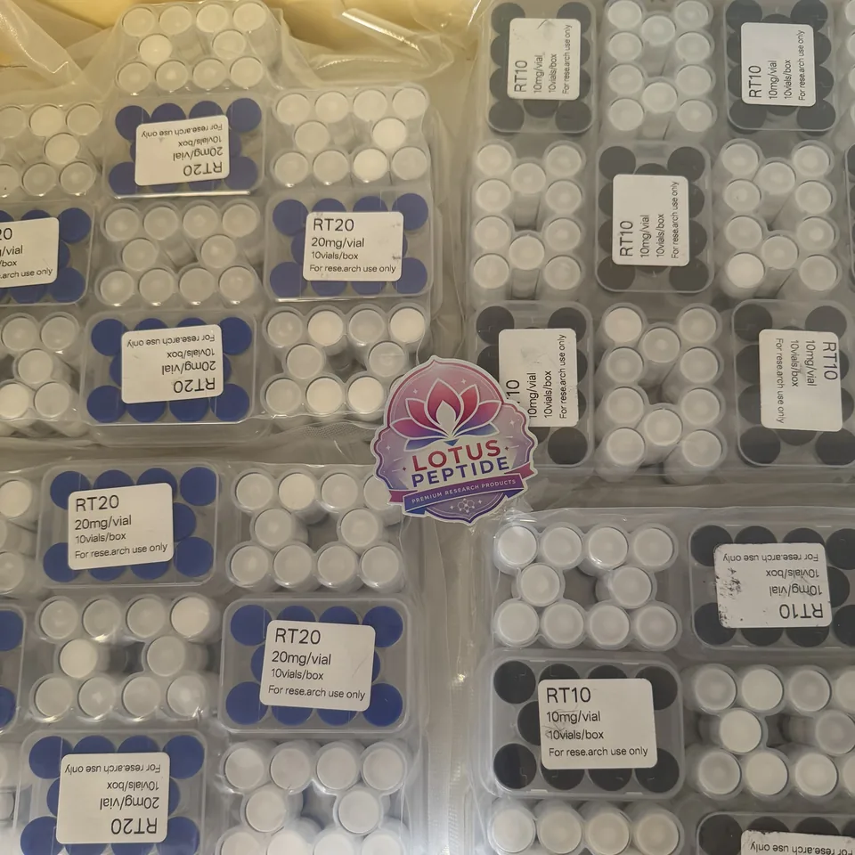 Retatrutide 20 mg (blue caps, RT20) and 10 mg (black caps, RT10): 10-vial cases, sealed in bulk bags