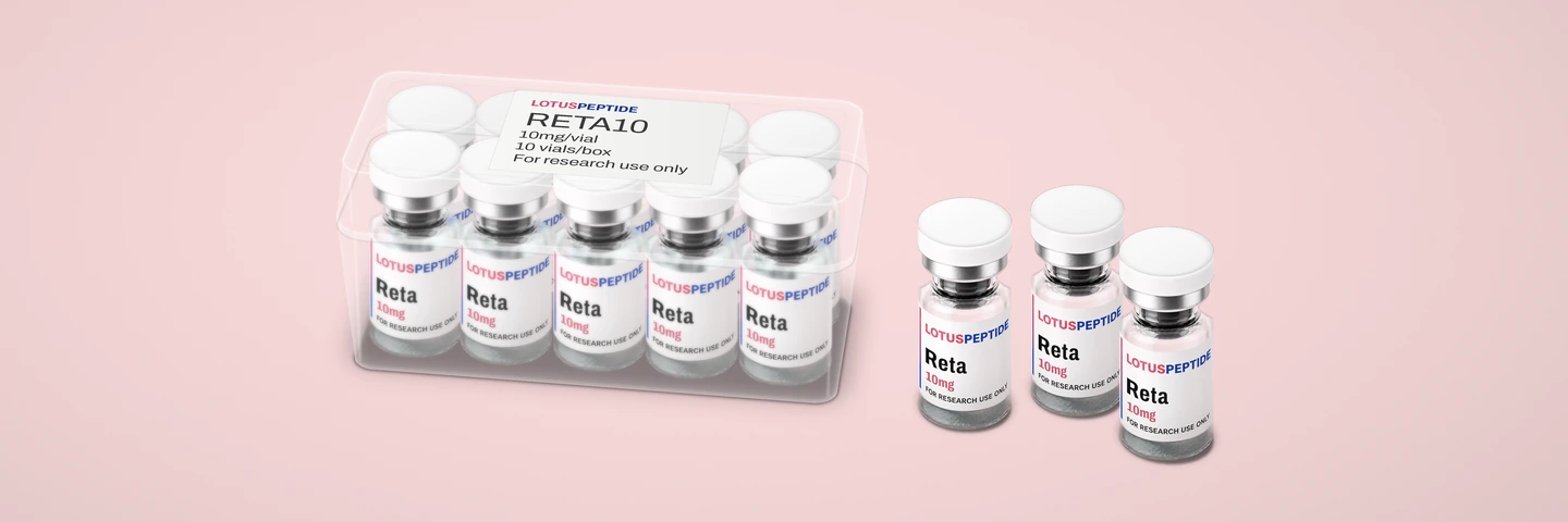 A clear 10-vial case of LotusPeptide Retatrutide 10mg with its RETA10 label on the lid, beside three loose vials